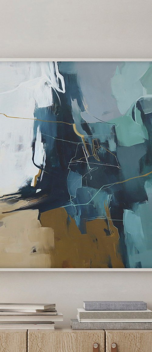"Trino" Teal white brown abstract art by Yana Sagan