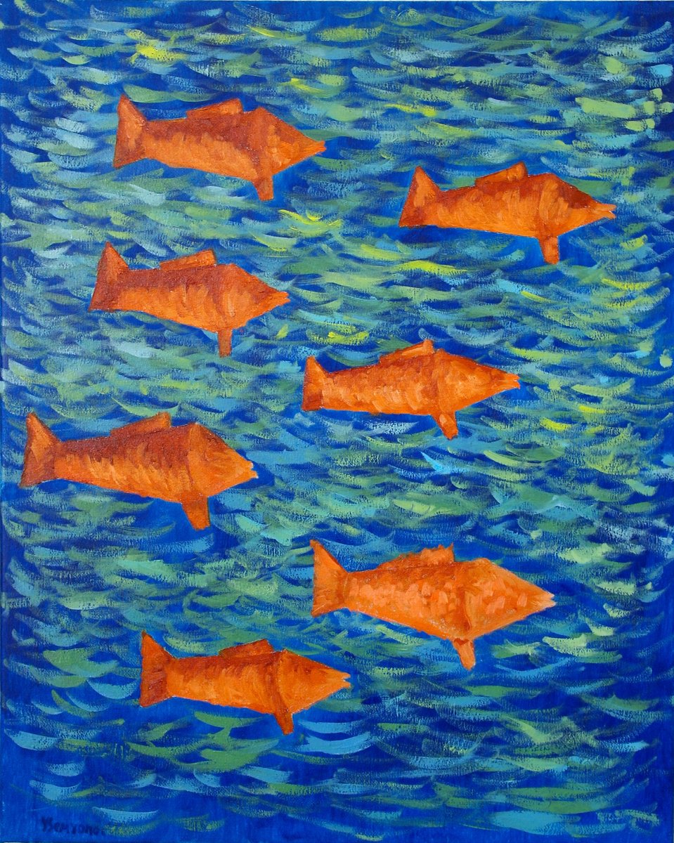 Organic Abstract Oil Painting By Juri Semjonov, 16 X 20", Goldfish #2, Original Artwork