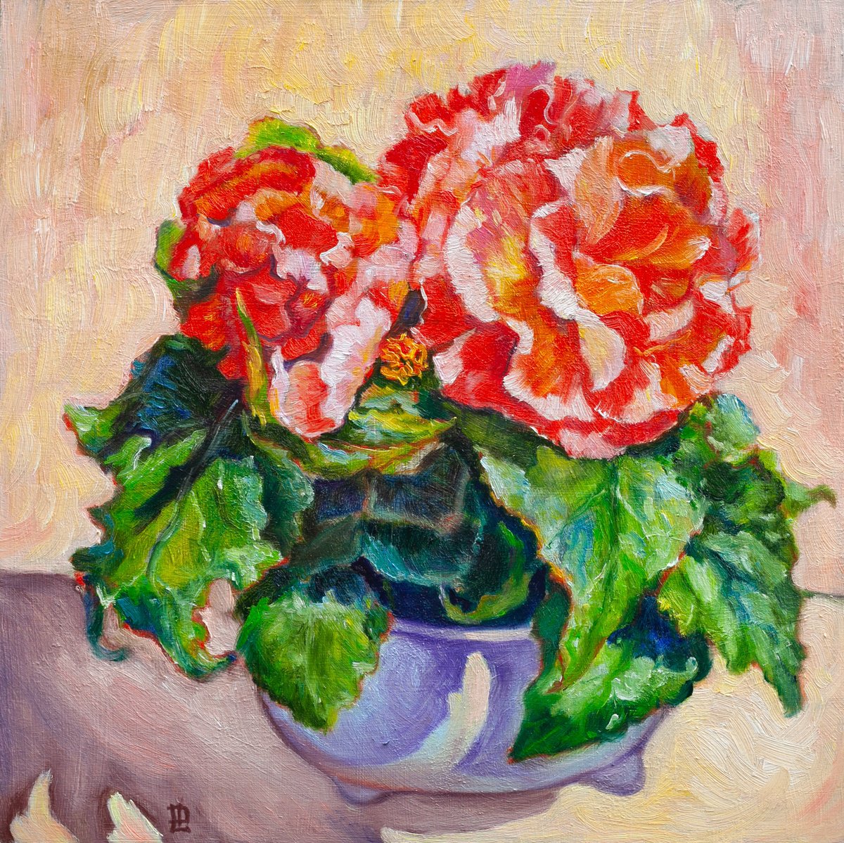 Impressionistic Botanical Oil Painting By Liudmila Pisliakova, 15 X 15", Begonia Framed, Original Artwork