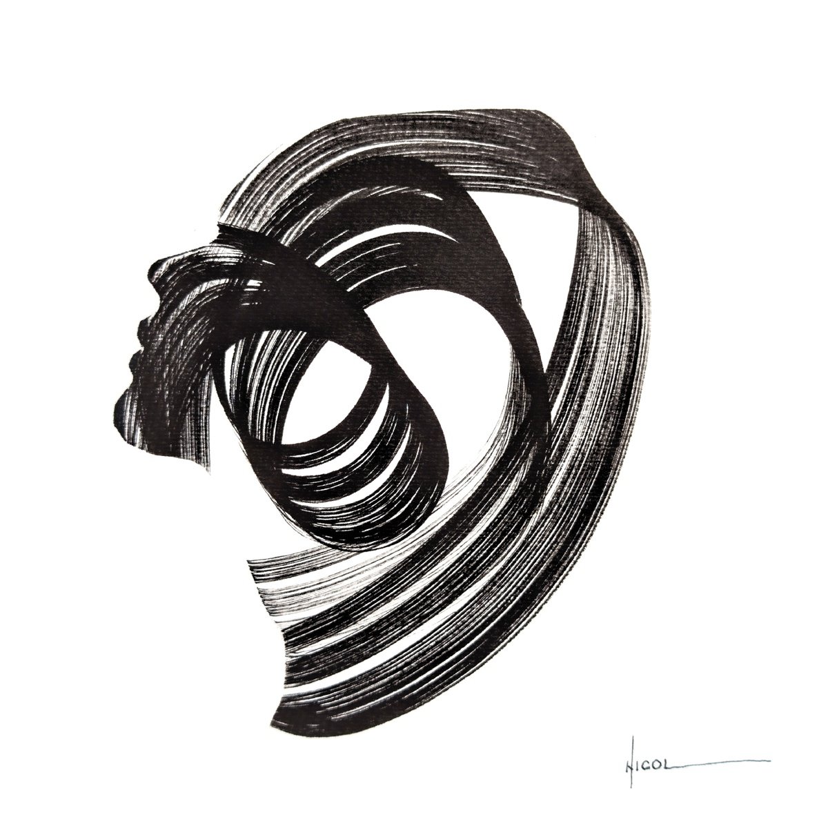 Expressive Portrait Ink Drawing By Nicol Vacaru, 11 X 11", Woven Echo, Original Artwork