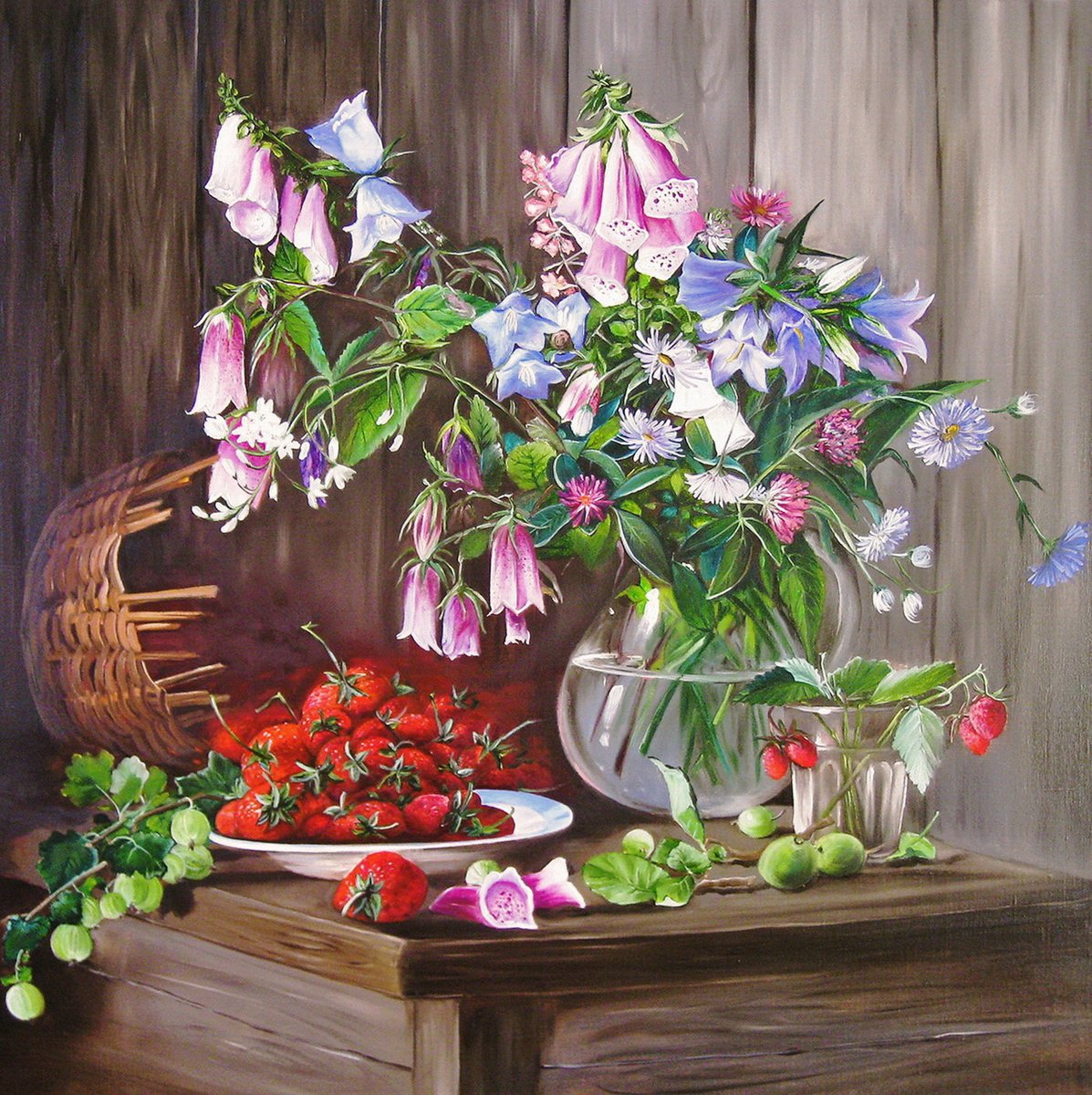 Photorealistic Oil Painting , Rustic Wildflowers, Strawberry By Natalia Shaykina, 24 X 24, Artwork For Sale On Artfinder