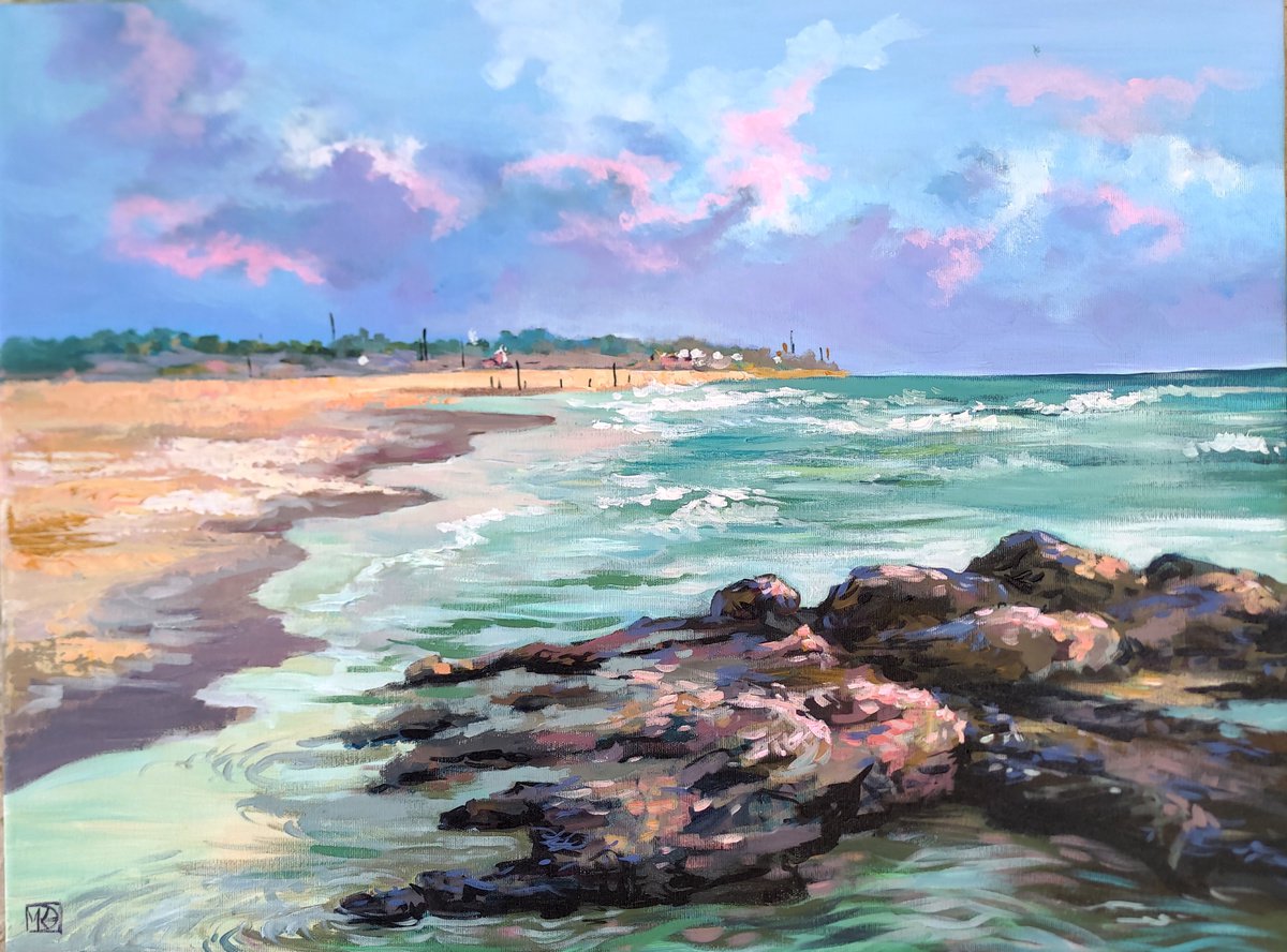 Impressionistic Landscape Acrylic Painting By Maria Kireev, 31 X 24", Sea Stones, Original Artwork