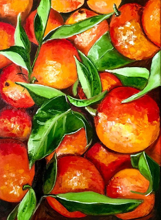 Red oranges oil painting, still life. Palette knife painting on canvas.