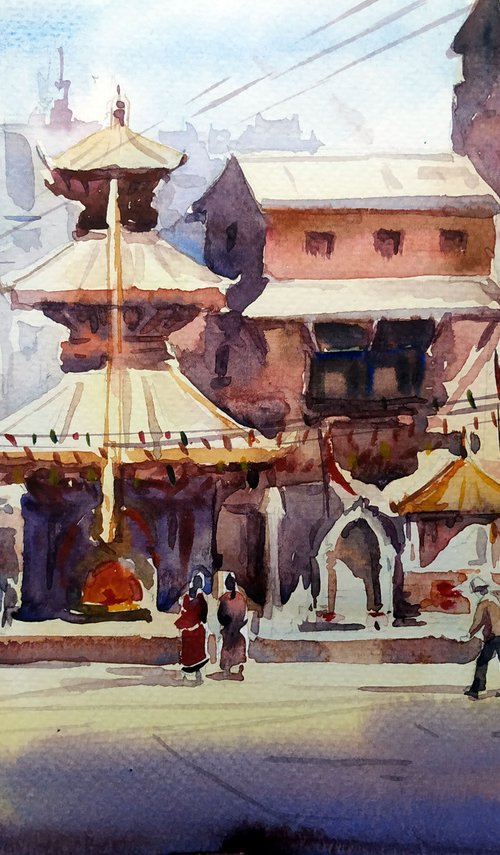 Kathamndu Street with Temples by Samiran Sarkar