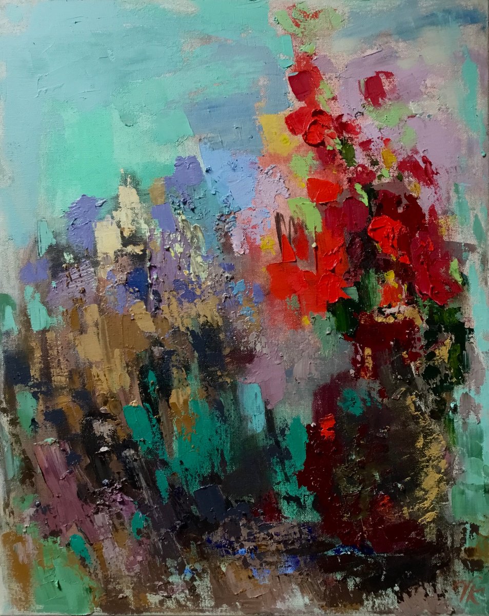 Abstract Botanical Oil Painting By Vera Klimova, 16 X 20", Red Flowers, Original Artwork