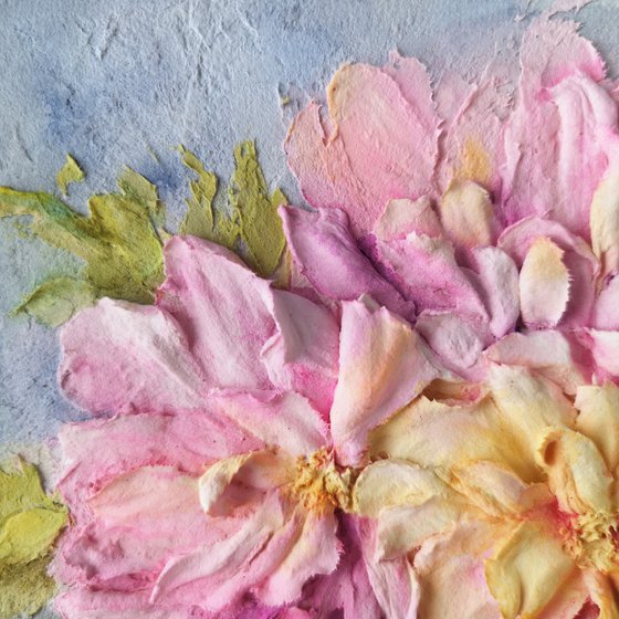 Blush pink and yellow peony bouquet sculpture painting