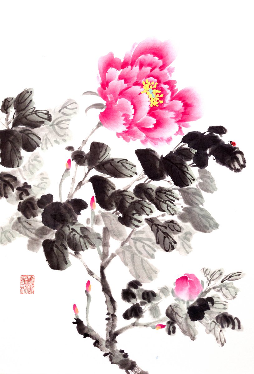 Red peony and ladybug - Oriental Chinese Ink Painting by Ilana Shechter