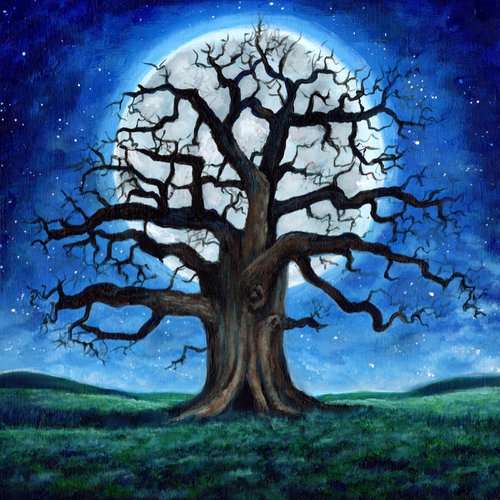 Old tree at full moon by Linzi Fay