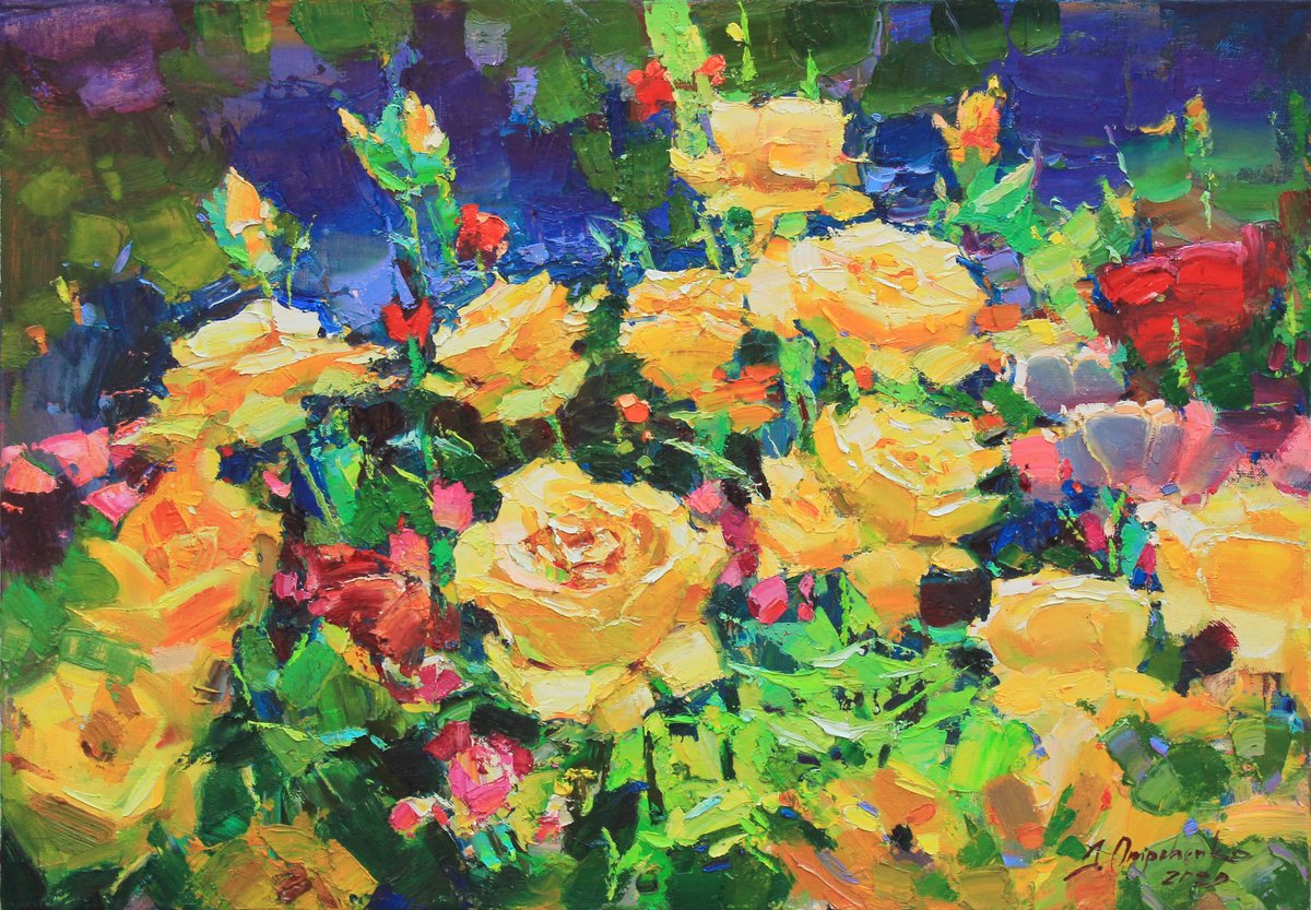 Impressionistic Botanical Oil Painting By Alisa Onipchenko-Cherniakovska, 28 X 20, Yellow Roses, Original Artwork
