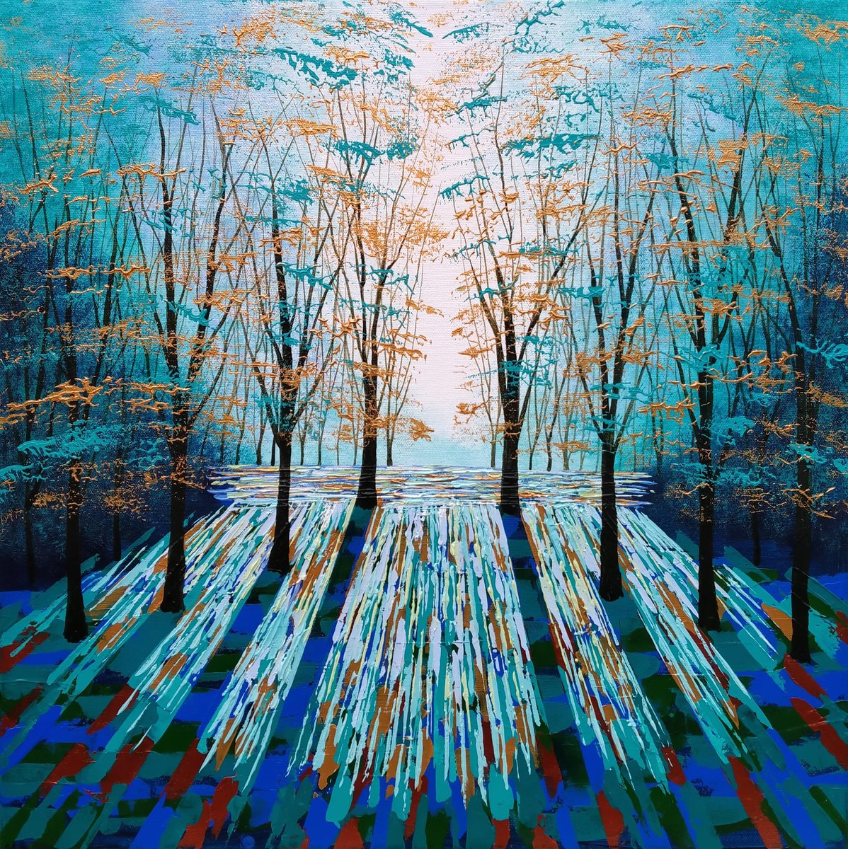 Impressionistic Landscape Acrylic Painting By Amanda Horvath, 20 X 20, Golden Blue Forest Light, Original Artwork