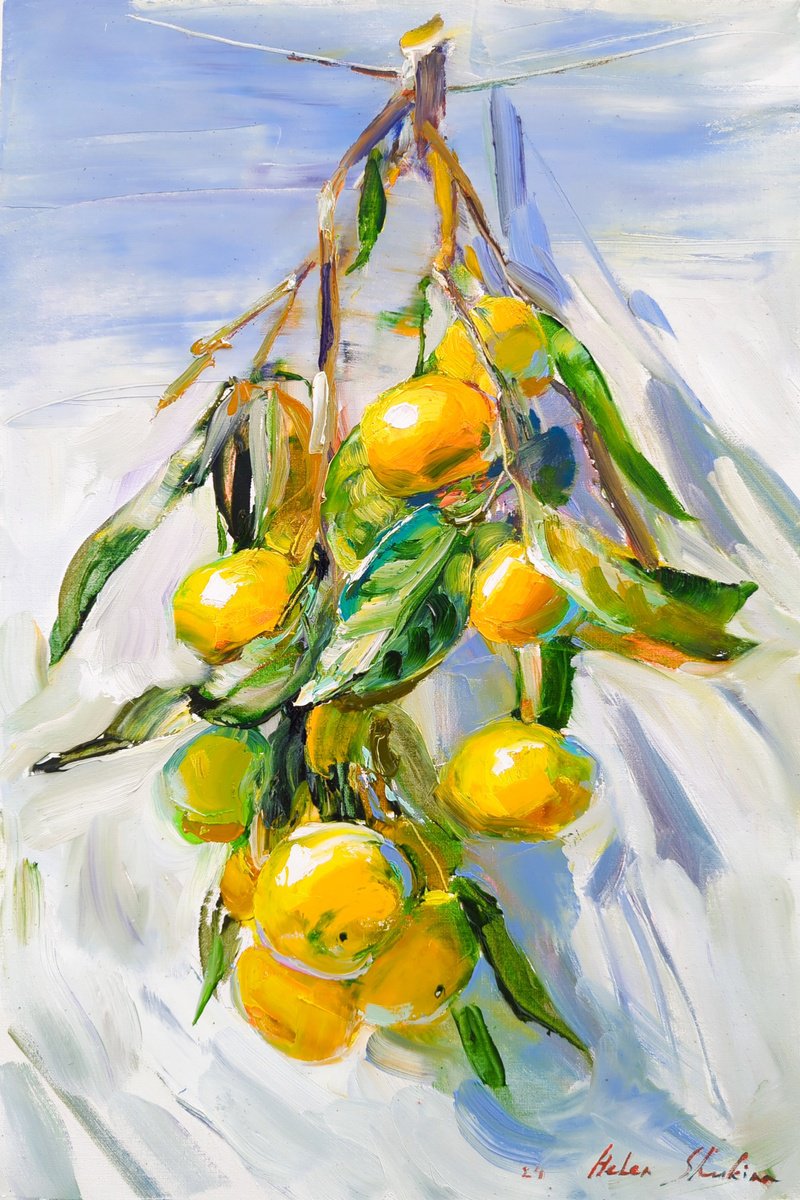 Impressionistic Still Life Oil Painting By Helen Shukina, 12 X 18, Tangerine Branch, Original Artwork