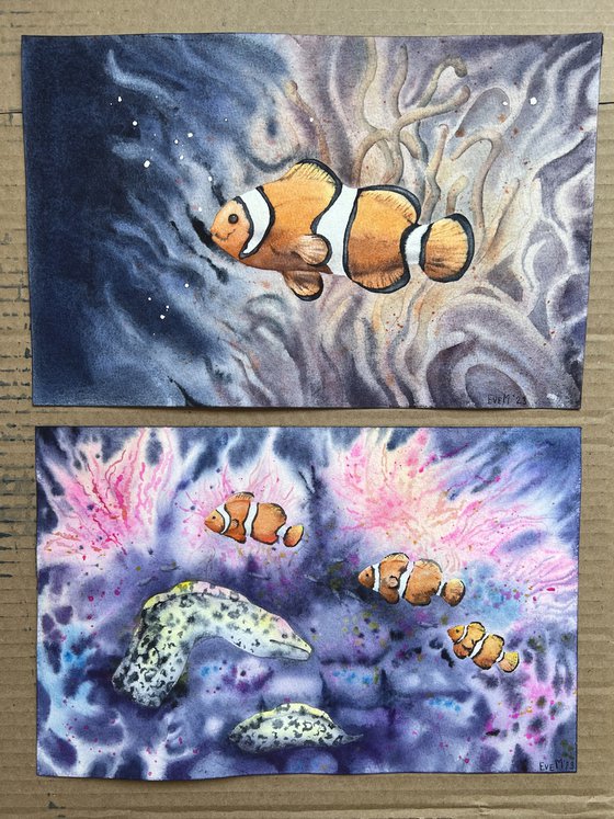 Set of two watercolor artworks. Underwater life of the coral reef. Fish Nemo and moray eels undersea.