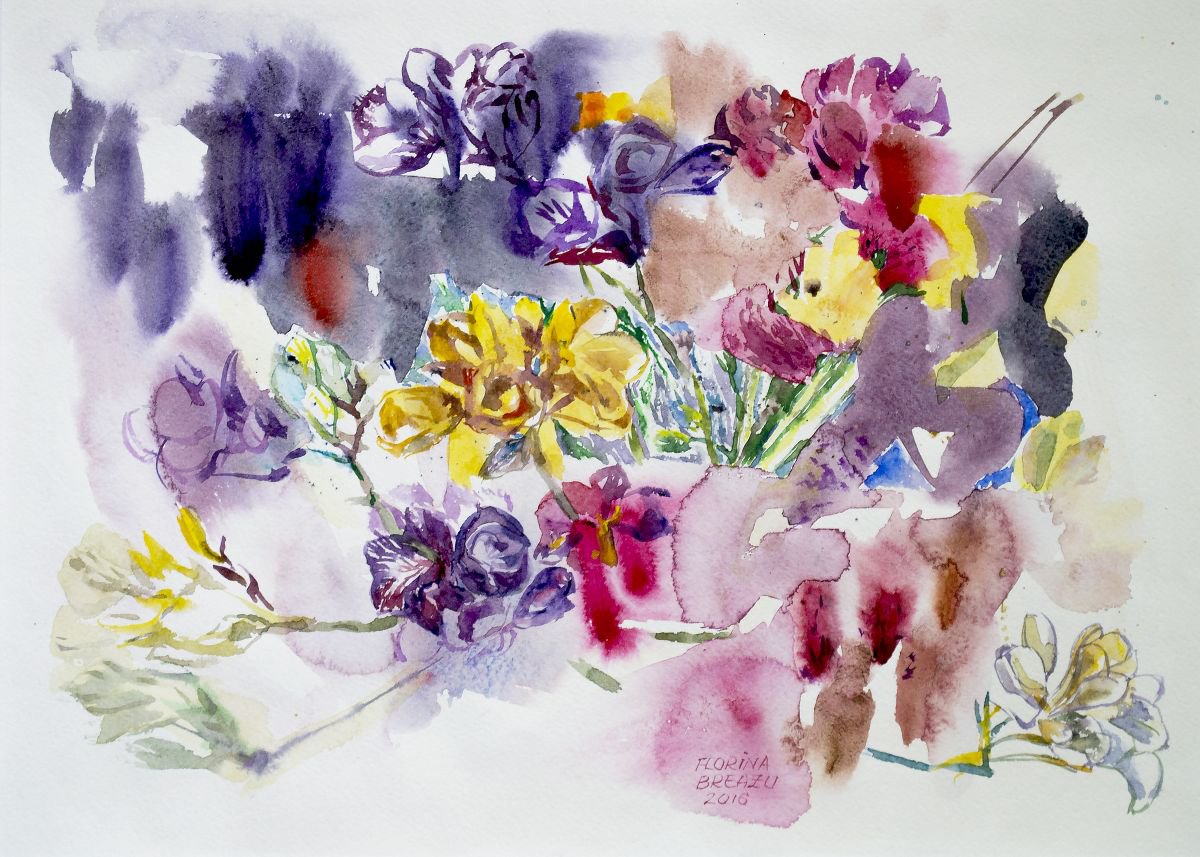 Organic Botanical Watercolour By Florina Breazu, 22 X 17, Freesias Iv, Original Artwork