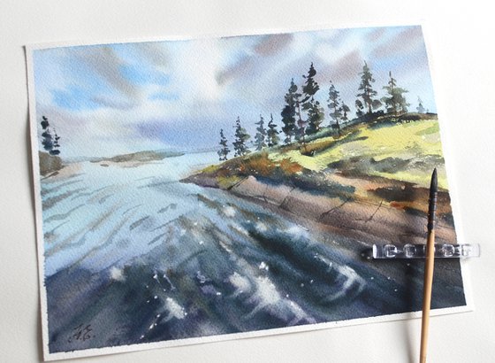 Forest river of Karelia, watercolor painting of water, pines and stones