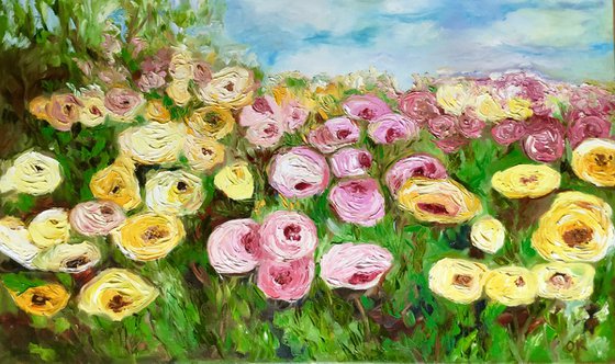 Large size WHITE PINK YELLOW PURPLE  ROSES in a Greenwich rose garden palette  knife modern still life  flowers office home decor gift