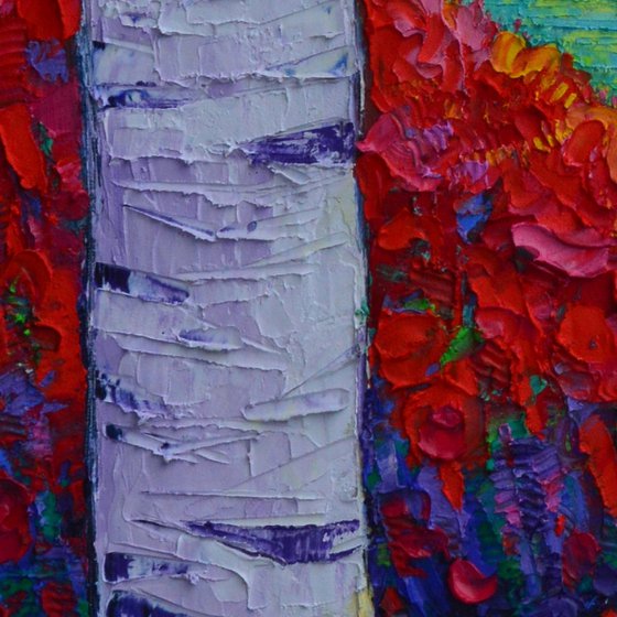 THE TWO OF US poppies and trees abstract landscape textural impressionist impasto palette knife oil painting by Ana Maria Edulescu