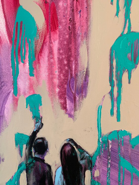 Bright vertical painting - "WTF" - Pop Art - Girl and Boy - Love - Graffiti