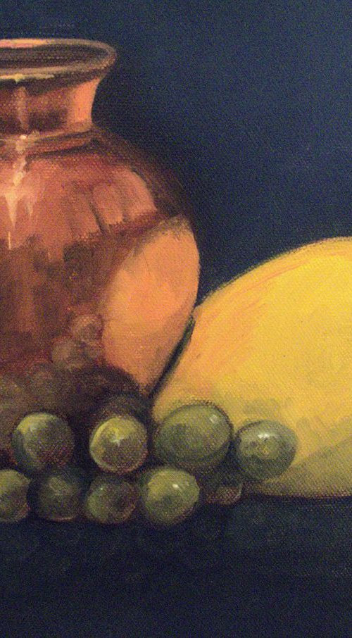 Still life with copper pot and fruits by Asha Shenoy