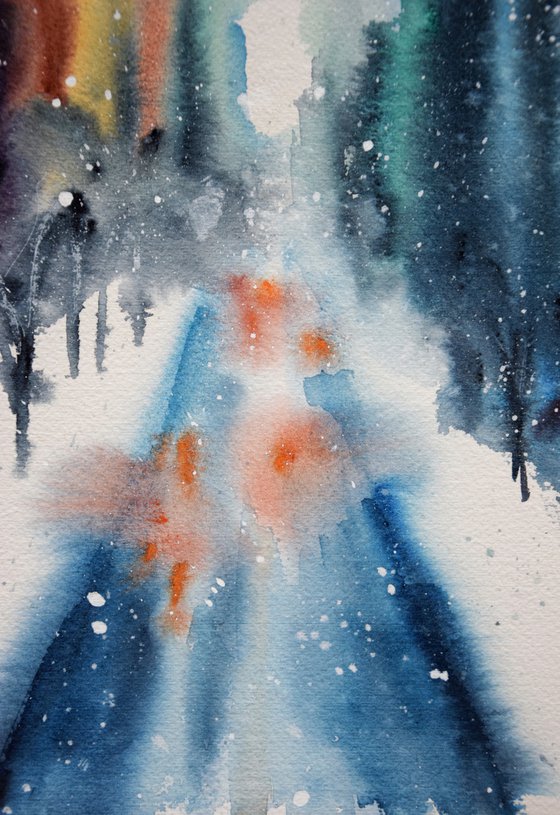 Snowy New York watercolor painting, original abstract cityscape, winter Manhattan