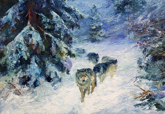 Wolf Pack In The Winter Forest