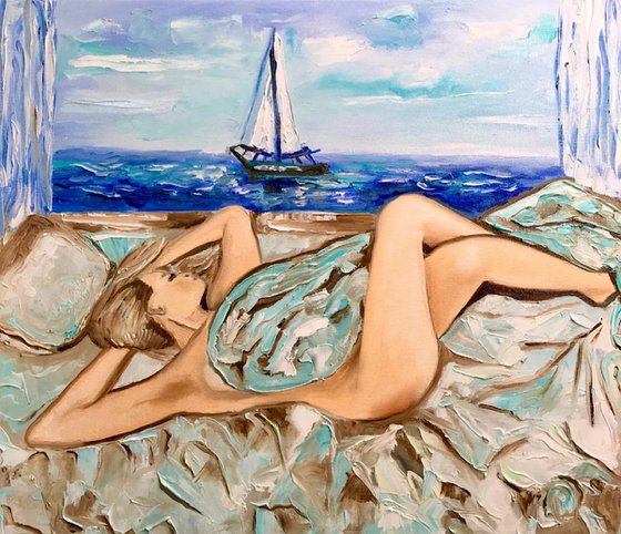 Nude. Dreaming girl, seaside.