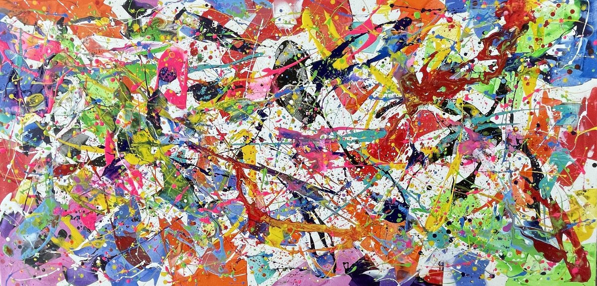 Abstract Acrylic Painting By Juan Jose Garay, 79 X 39", Splash Of Colors, Original Artwork