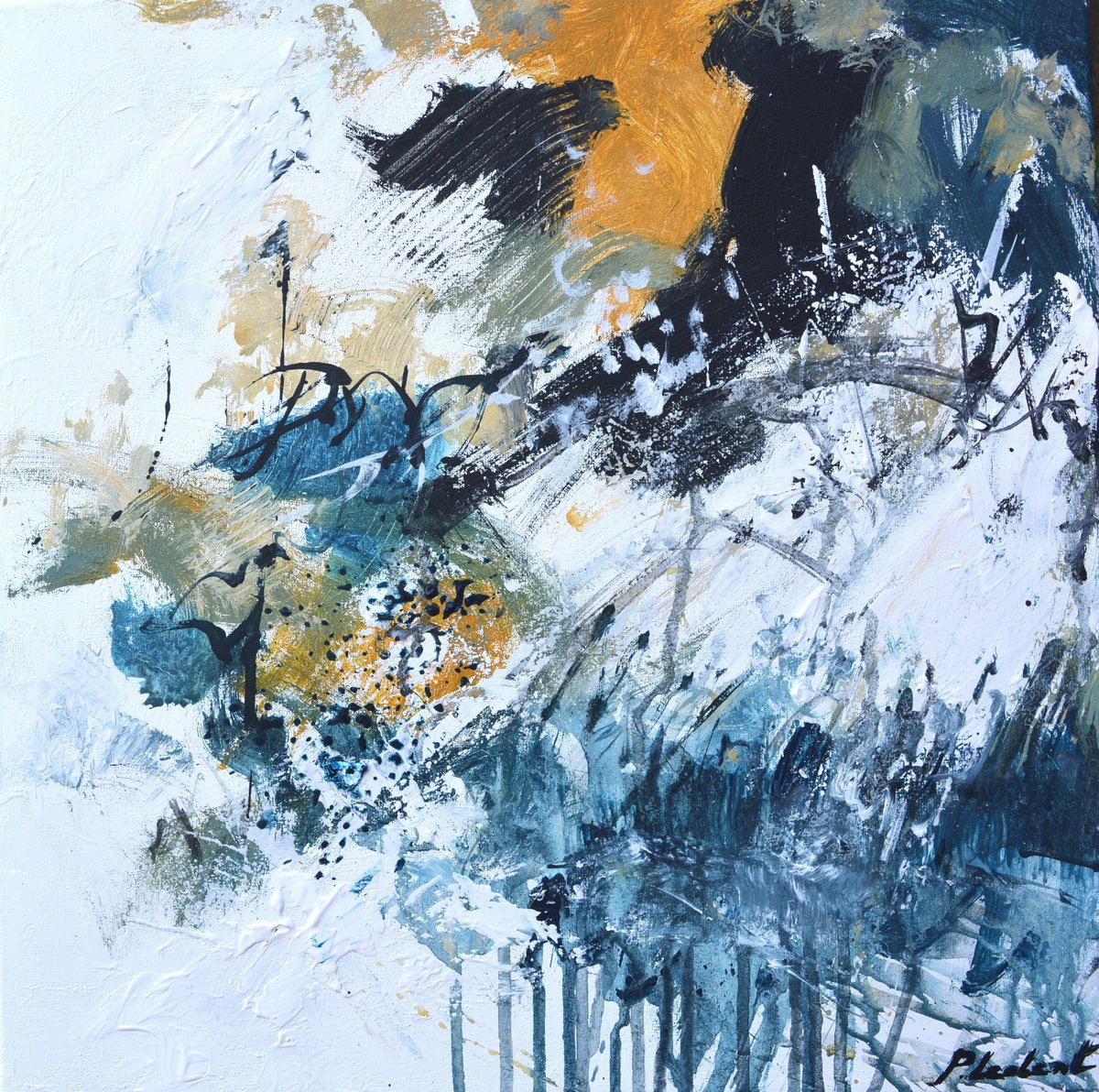 Abstract Oil Painting By Pol Henry Ledent, 16 X 16", Snowy Track, Original Artwork