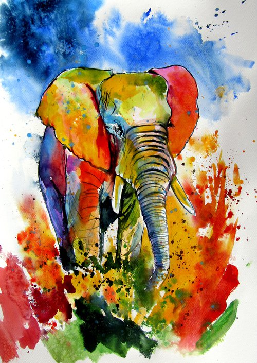 Colorful elephant on the field by Kovács Anna Brigitta