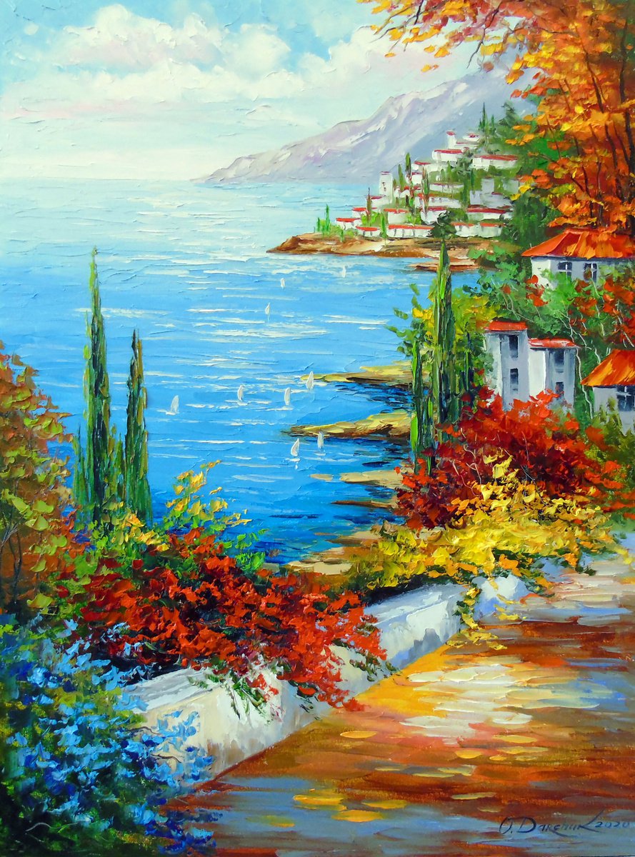 Impressionistic Landscape Oil Painting By Olha Darchuk, 24 X 31", Town By The Sea, Original Artwork