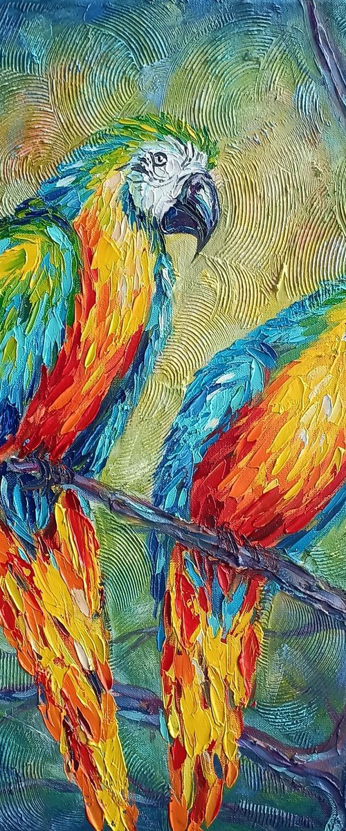 Love in the dark -  parrots oil painting, bird, parrots, love, painting on canvas, gift, parrots art, art bird, animals oil painting, for lovers by Anastasia Kozorez