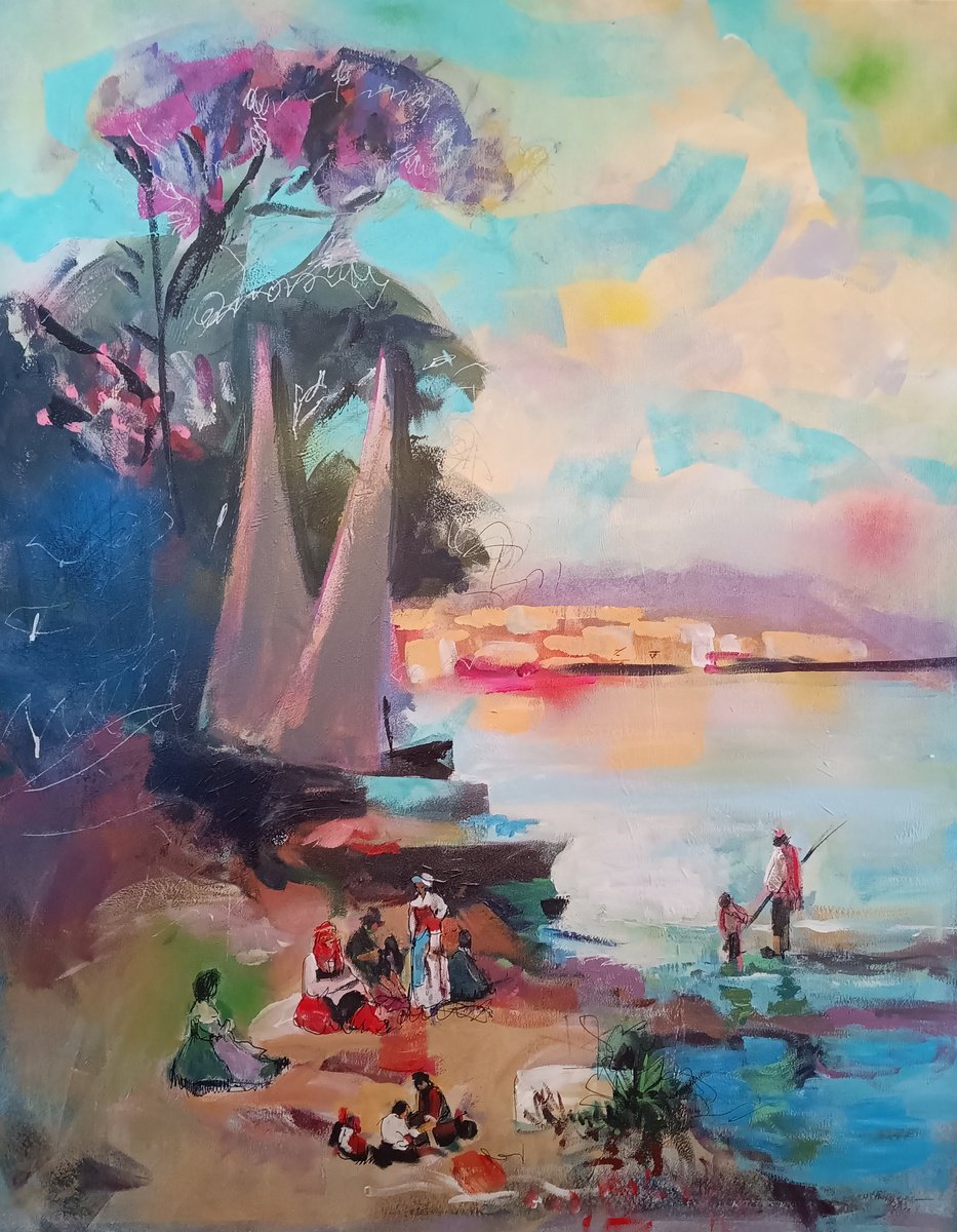 Expressive Landscape Acrylic Painting By Marina Del Pozo, 29 X 36", Antique Landscape, Original Artwork