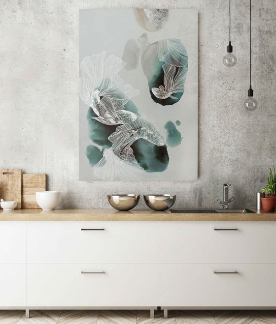 "Immensity" Abstract teal silver fish art