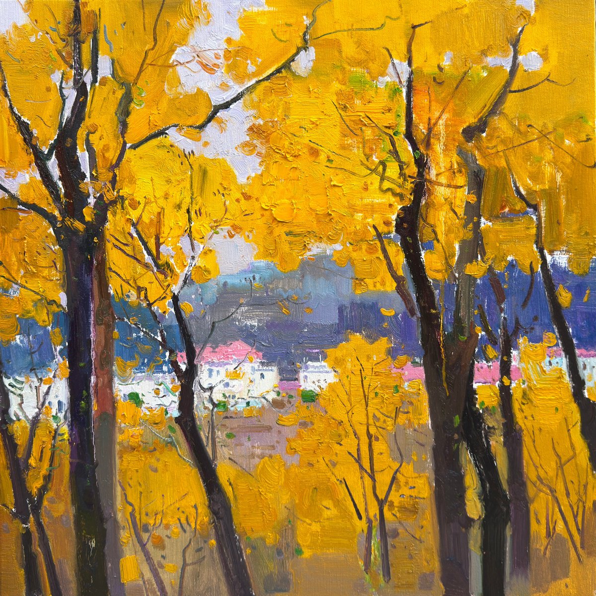 Impressionistic Landscape Acrylic Painting By Jianzhe Chon, 31 X 31, Birch Trees Forrest 237, Original Artwork