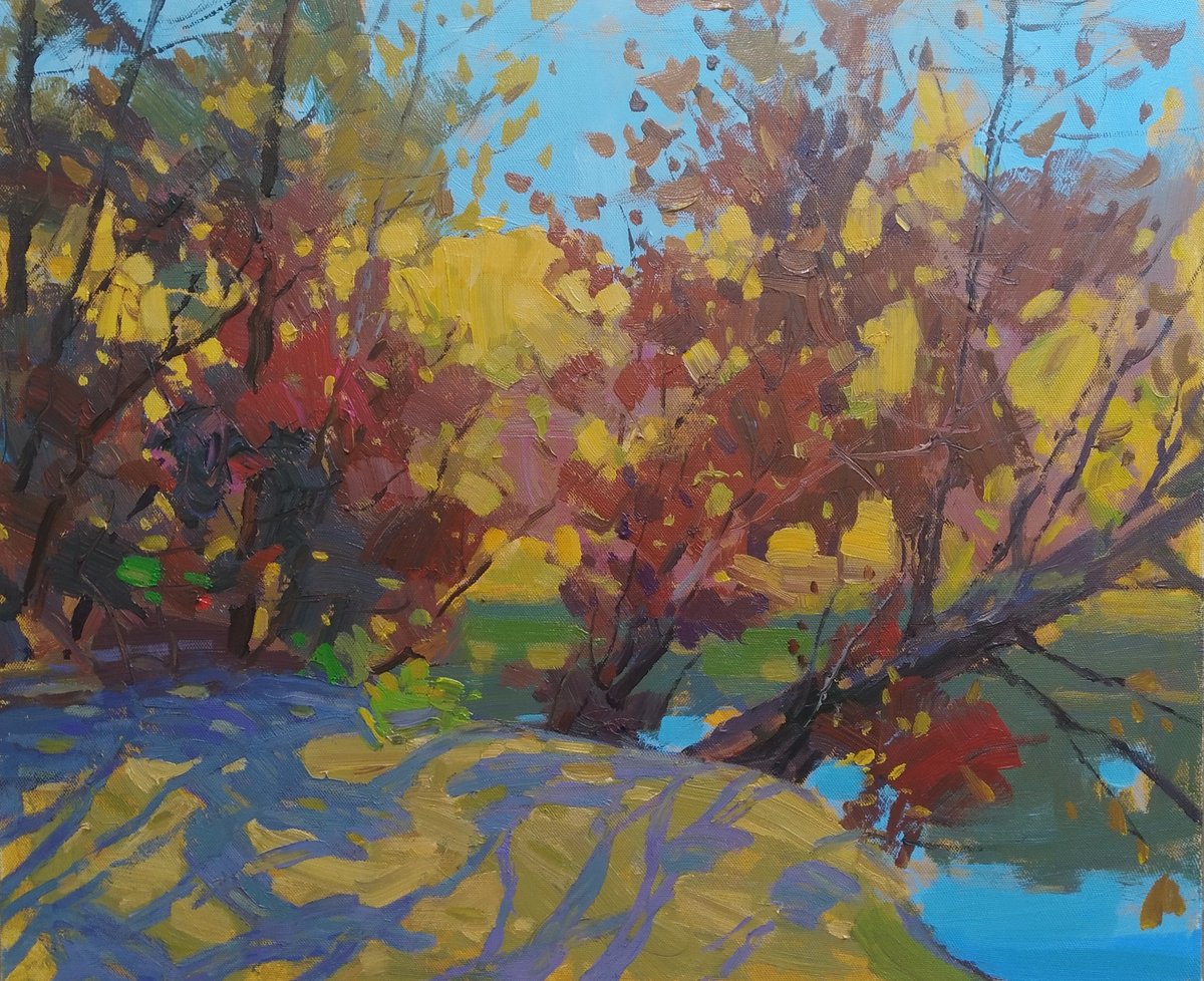 Impressionistic Landscape Acrylic Painting By Sergey Kachin, 33 X 28", Golden Autumn, Original Artwork