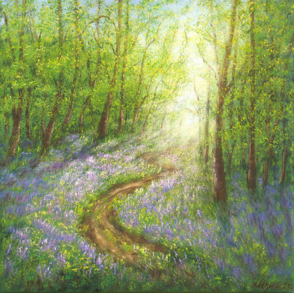 Impressionistic Landscape Oil Painting By Ludmilla Ukrow, 16 X 16", Bluebell Forest, Original Artwork