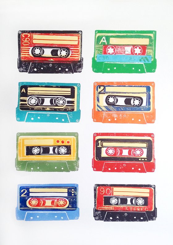 Linocut tapes #30 (cassette tapes, retro music, 70's, 80's rock culture)