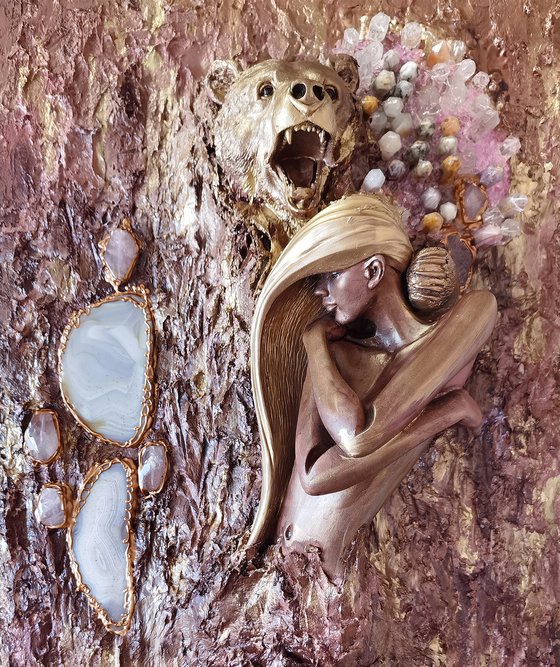 Woman and bear. Original 3d sculptural painting. Fantasy mythology art