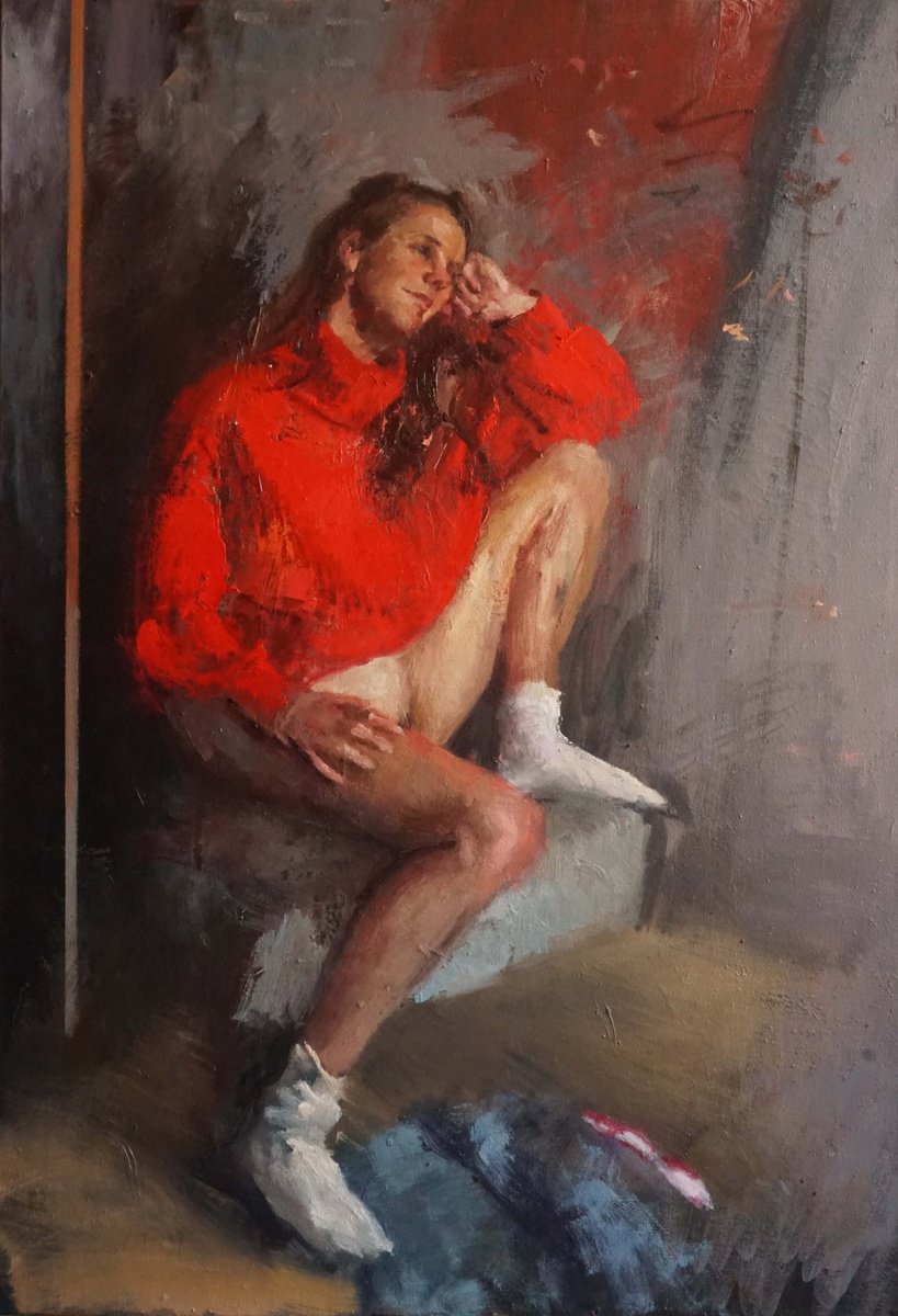 Expressive Portrait Oil Painting By Manuel Leonardi, 26 X 36", Red Marjorie, Original Artwork
