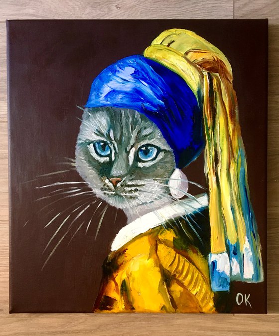 British blue Cat with the pearl earring inspired by Vermeer painting feline art for cat lovers gift idea