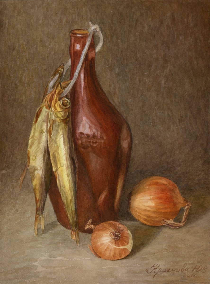 Still Life Watercolour By Yulia Krasnov, 10 X 13", Still Life With Fish, Original Artwork