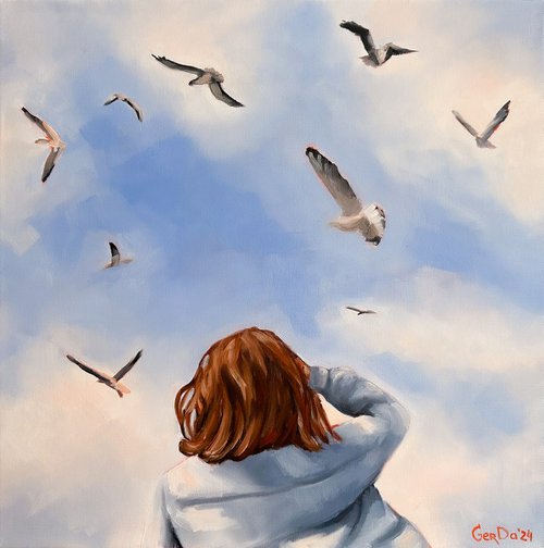 Girl and Flying Birds - Female Portrait Sky Painting by Daria Gerasimova