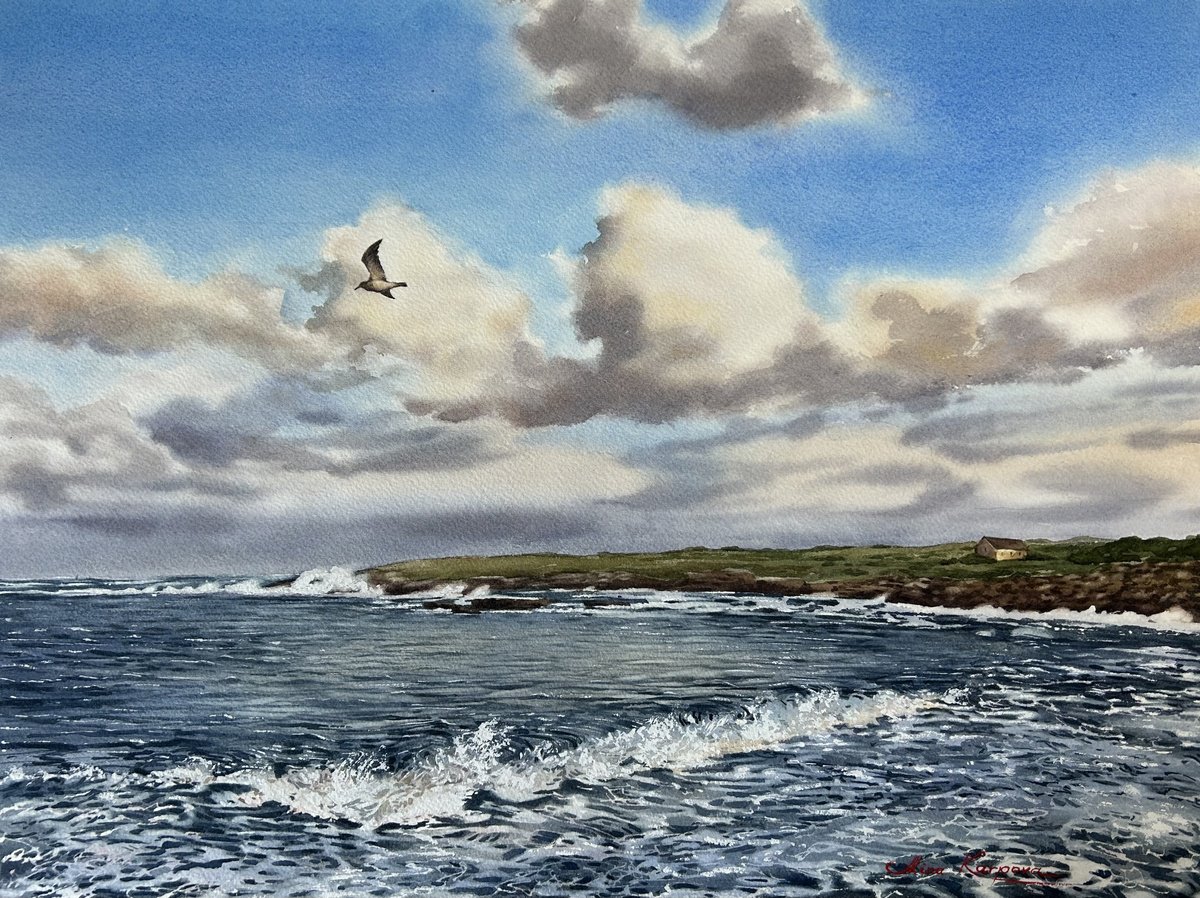 Photorealistic Landscape Watercolour By Alina Karpova, 16 X 12, Sunny Day At Doolin Pier, Original Artwork