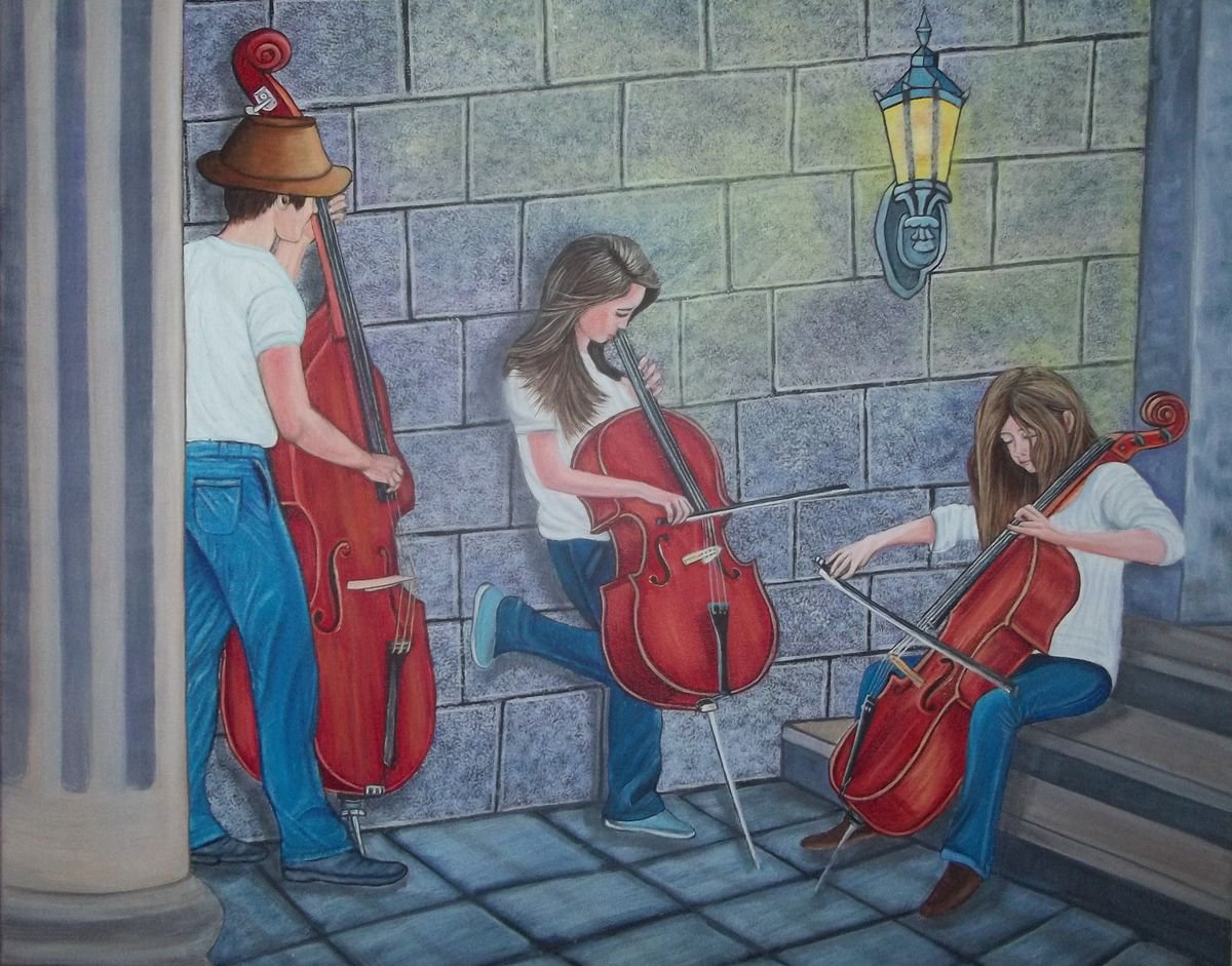 Street musicians, Trio, two cellos and double bass, Buskers by Sofya Mikeworth