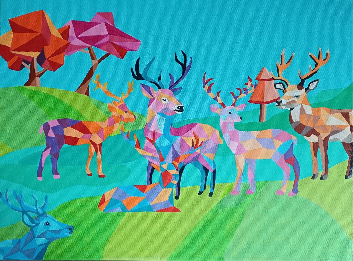 Geometric Animal Acrylic Painting By Corinne Hamer, 16 X 12, Stags, Original Artwork