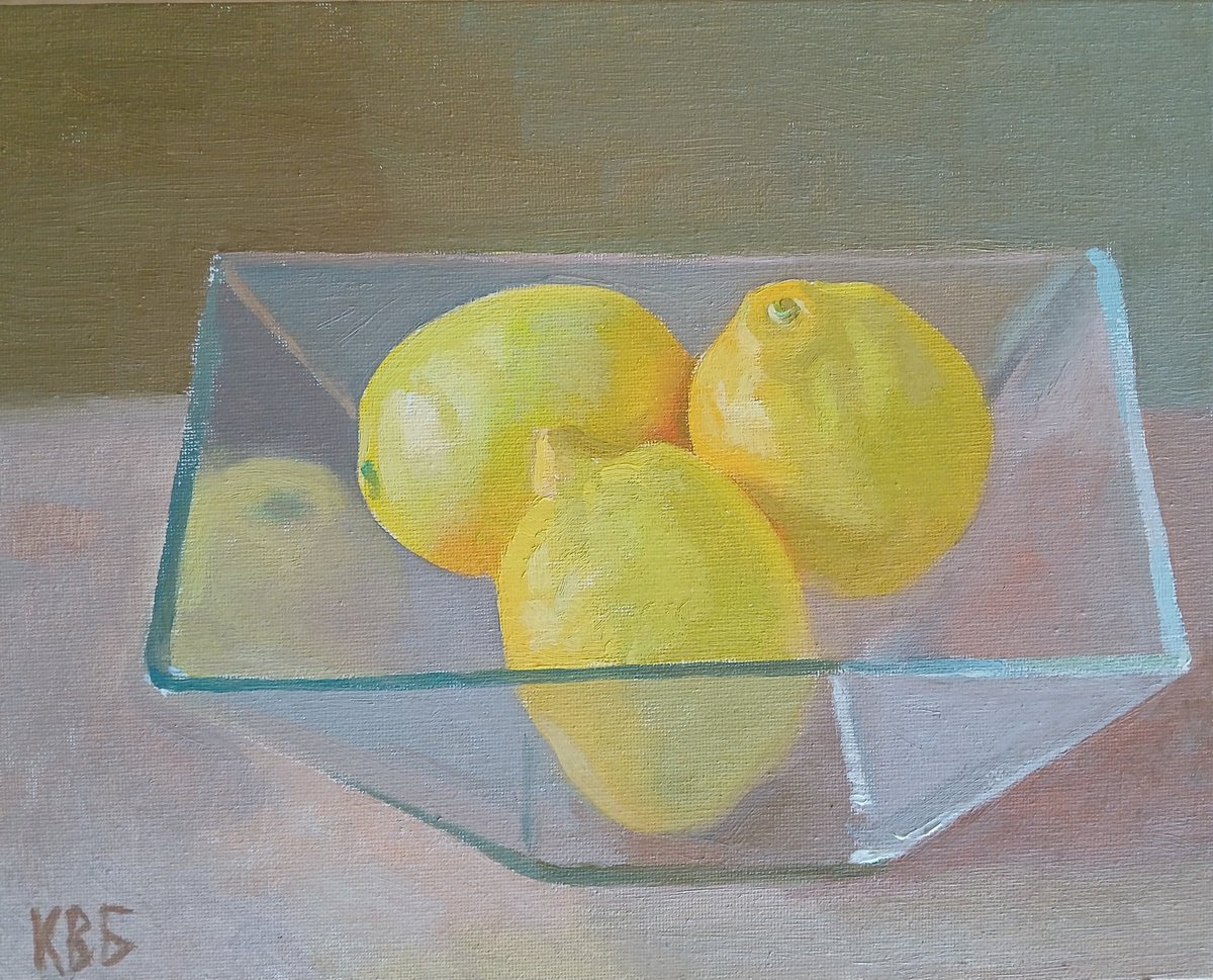 Impressionistic Still Life Oil Painting By Vasyl Koval, 12 X 9", Lemons In A Glass Vase, Original Artwork