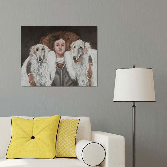 Girl with borzoi dogs