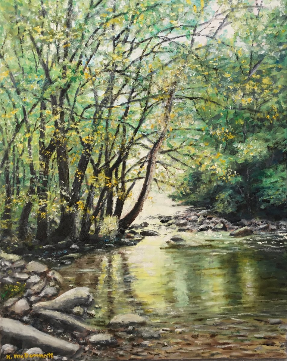 Impressionistic Landscape Oil Painting By Kathleen Mcdermott, 16 X 20", Fall Creek In The Smokies, Original Artwork