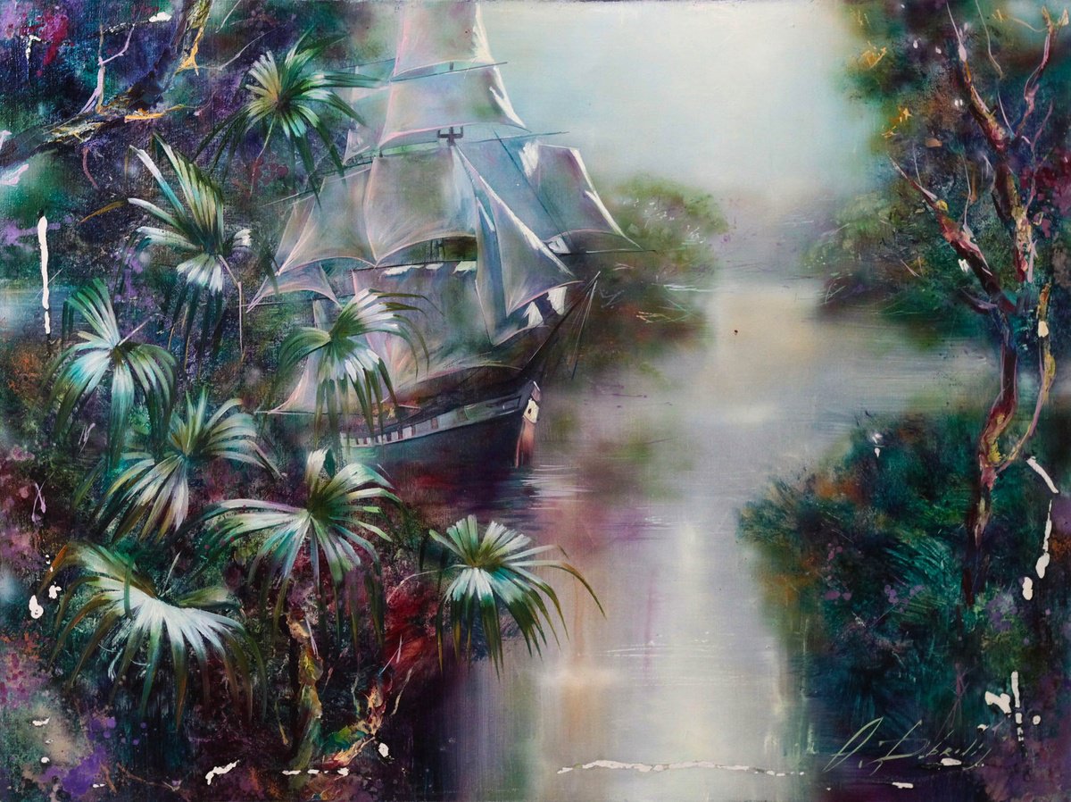Impressionistic Landscape Oil Painting By Alexandr Dobrodiy, 31 X 24, Tropical Motif, Original Artwork