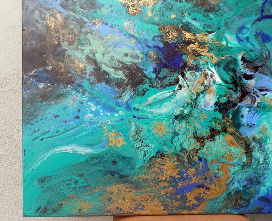 Modern abstract art blue green gold metallic painting ocean colors - Shimmer of the ocean