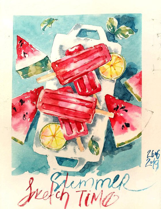 "Summer vibe" modern food still life with watermelon slices on a plate and ice cream watercolor sketch original - series "Artist's Diary"